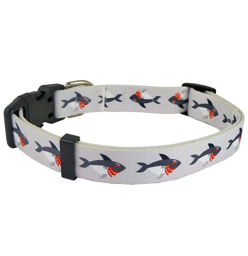 [Australia] - Bestbuddy Pet Sea Life Shark Grey Durable Nylon Designer Fashion Dog Collar Trendy Comfortable Adjustable Dog Collar with Buckle BBP009 15" to 22" neck, 3/4" wide 