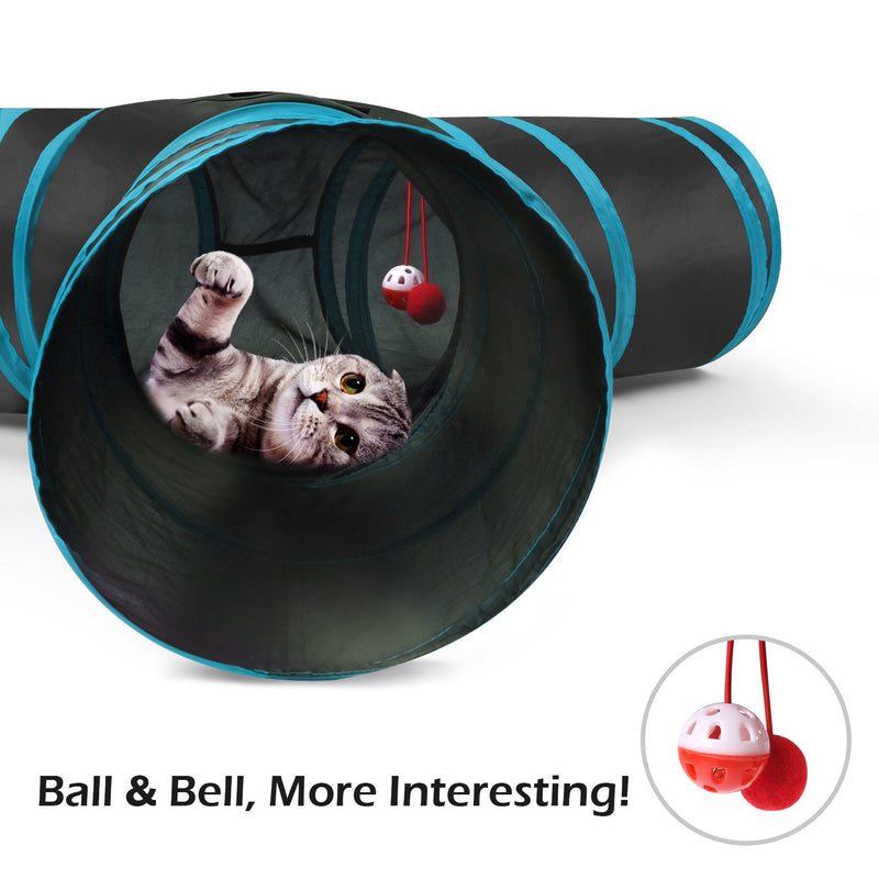 [Australia] - Pawaboo Cat Toys, Cat Tunnel Tube 3-Way Tunnels Extensible Collapsible Cat Play Tent Interactive Toy Maze Cat House Bed with Balls and Bells for Cat Kitten Kitty Rabbit Small Animal Black & Light Blue 