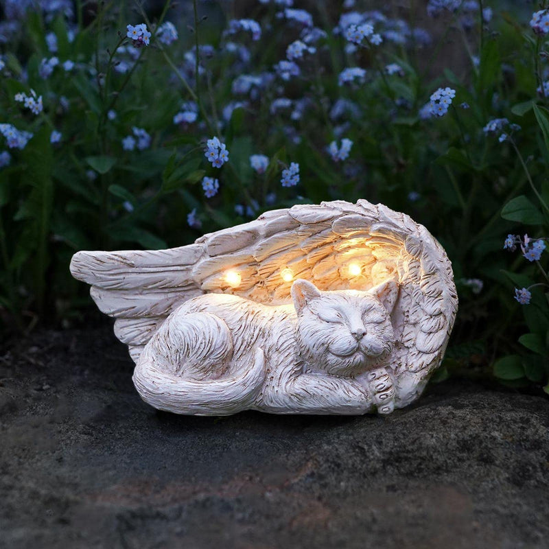 Tastefully and lovingly designed memorial stone with solar-powered LED lighting - including batteries, integrated solar panels and twilight switch, from Festive Lights (angel wings with cat) angel wings with cat - PawsPlanet Australia