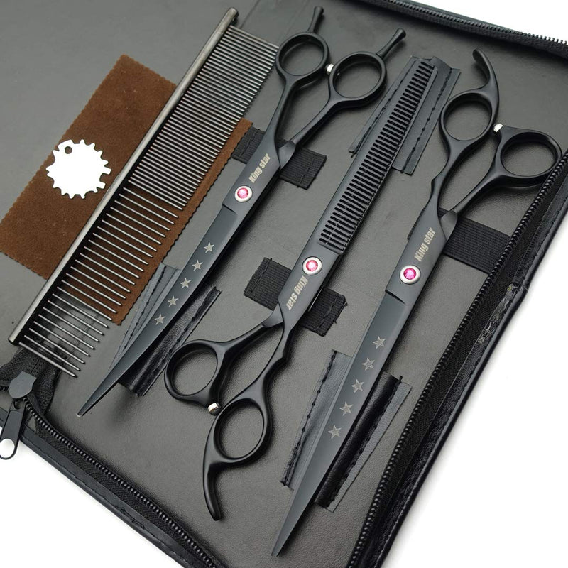 Kingstar Professional Pet Grooming Scissors Set Straight Scissors Thinning Scissors Curved Scissors with Comb case Comb 8 inches 8 inches black 3pcs set - PawsPlanet Australia