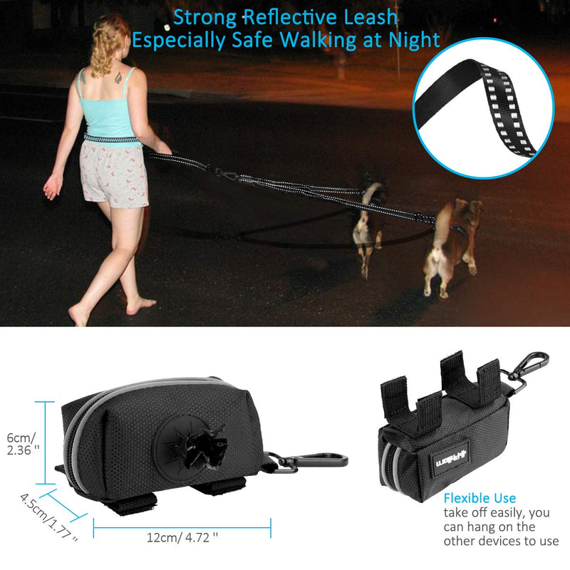 PHILORN Hands-Free Double Dog Leash 110lbs Comfortable Shock Absorbing Reflective Bungee for 2 Dogs Walking Training 66-84 inch Adjustable No Tangle Dual Dog Leash with Pouch 2 Handles Black - PawsPlanet Australia