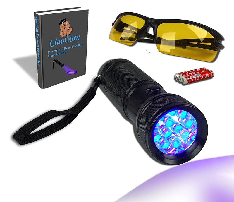 [Australia] - Ciao Chow Compact and Bright LED UV Blacklight Flashlight - Pet Urine Detector Kit - Free Safety Glasses, Batteries, and User Guide Included 