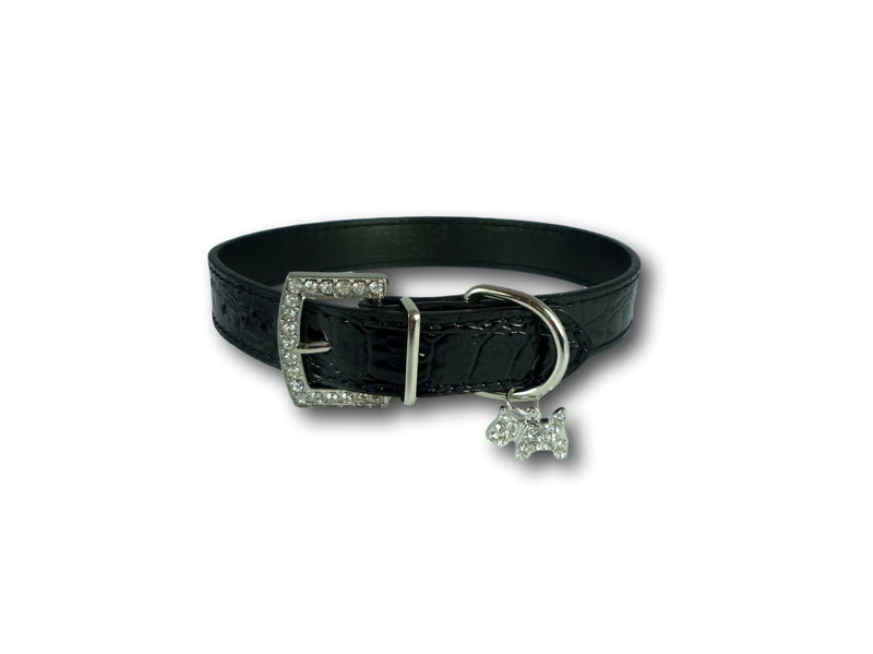 Cara Mia Dogwear Crocodile PU Leather Collar with Dog Charm (Black, Medium) Black - PawsPlanet Australia