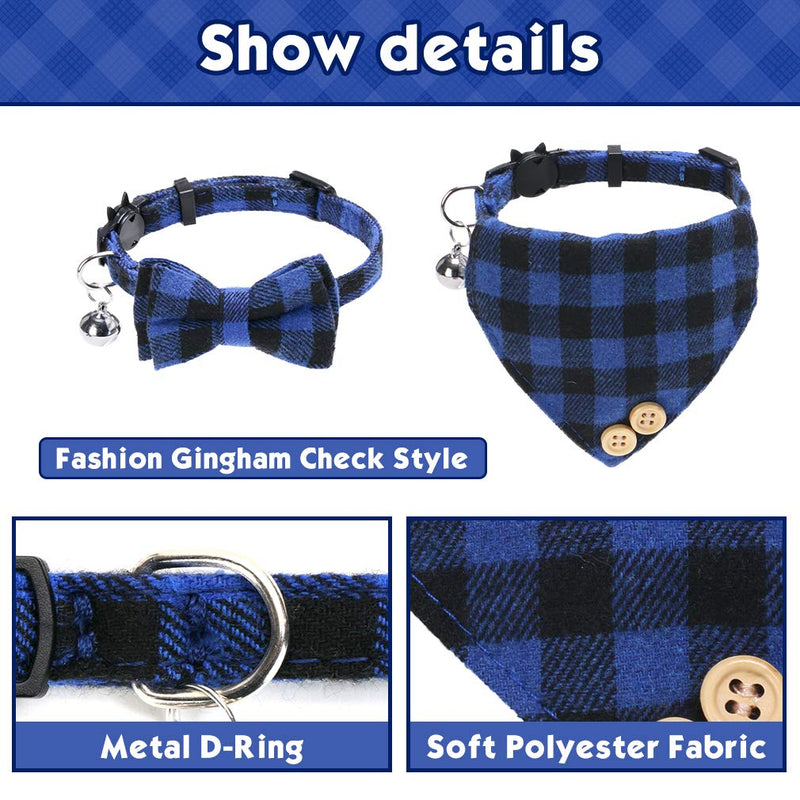 Bow Tie Cat Collar Bandana - 2 Packs Classic Plaid Checked Ginham Cat Collars with Scarf and Bow Tie - Adjustable Size with Bell - Perfect for Cats Puppy Small Dogs Bule Plaid 2 - PawsPlanet Australia