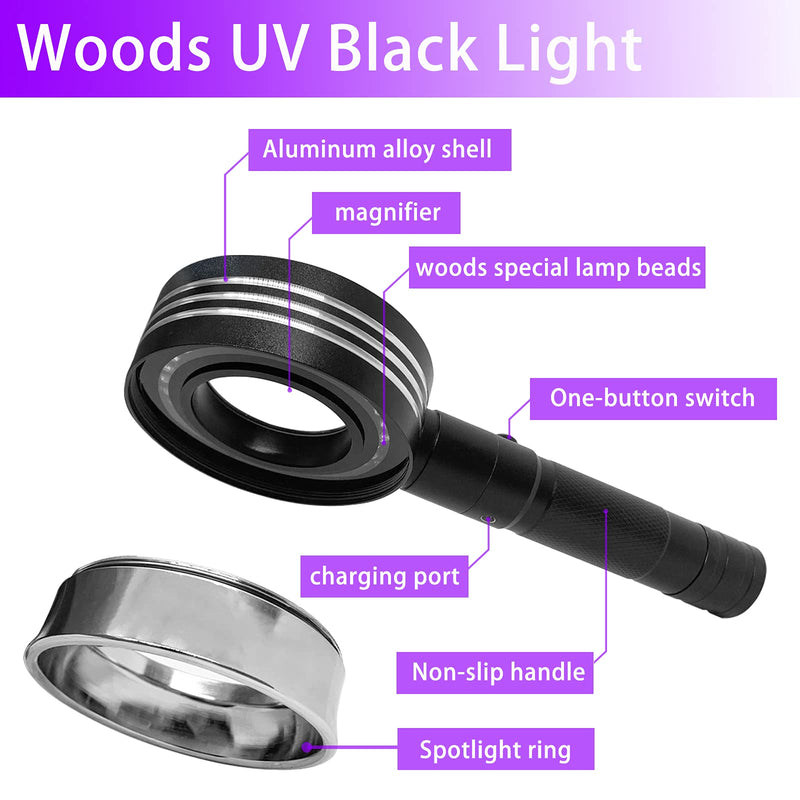 Wood's Lamp,UV Black Light Detector,Portable Chargeable with Magnifying Glass and Focus Light Halo,for Analyzing Skin,Vitiligo Detect,Dog/ cat Ringworm Detect,pet Urine Detect,Foodis moldy Detect - PawsPlanet Australia