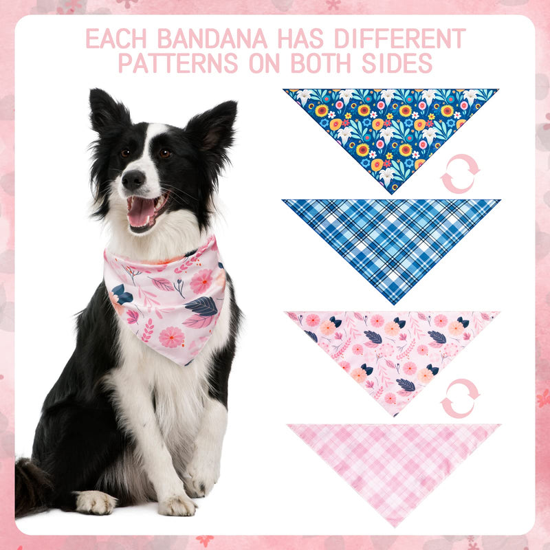 Dog Bandanas for Spring - 2 Pack Reversible Flower & Plaid Dog Square Scarfs for Small Medium Large Dogs - Washable Double Adjustable Dogs Triangle Bibs Kerchief Scarfs for Girl and Boy Blue & Pink - PawsPlanet Australia