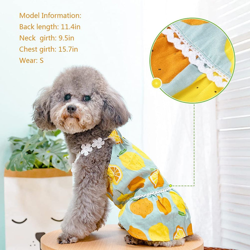 PUPTECK 2 Pack Summer Pet Dresses for Small Medium Dogs Girl, Hawaiian Dog Clothes with Cute Fashion Lemon Pattern - Soft and Lightweight Fabric, Bright S:Back: 11.5in Chest: 16in Neck: 11.5in - PawsPlanet Australia