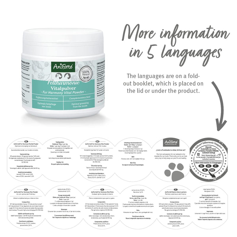 AniForte Fur Harmony Fur Care for Dogs and Cats Vital Powder 250g - Natural Powder for Shiny Coat, Optimal Care from The Inside for Vital Skin and Coat, Supports Metabolism & Immune System - PawsPlanet Australia