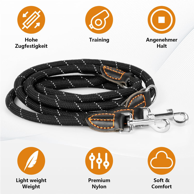 Dog leash 3 m adjustable for large and medium-sized dogs, adjustable double leash made of nylon with 2 carabiner hooks and 3 rings, dog leash 14 mm (black) - PawsPlanet Australia