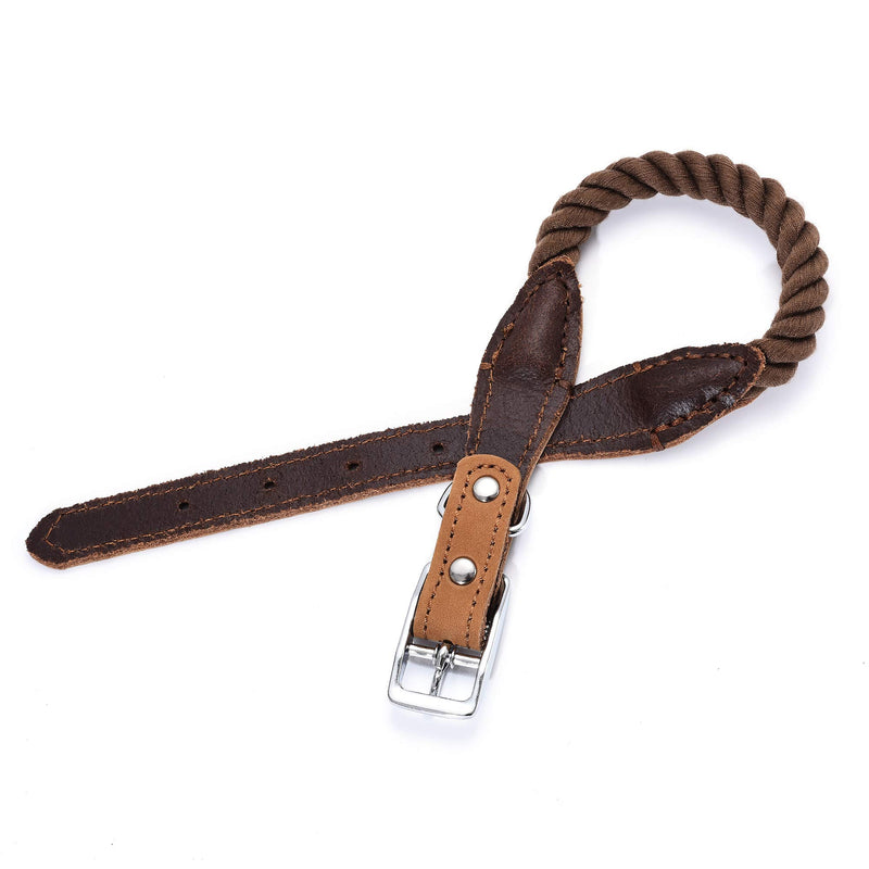 Mile High Life | Premium Cotton Rope Dog Collar | Stainless Steel Pin Buckle Ring Dog Collar | Genuine Leather Belt Collar | For Medium Dog Large Dogs(Dark Brown, Medium Neck 14"-18" -40 lb) Dark Brown - PawsPlanet Australia