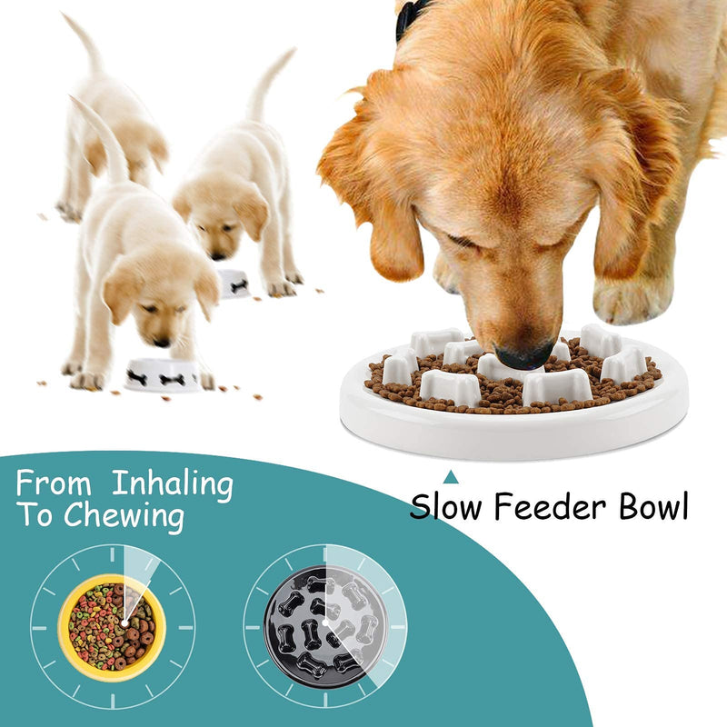 WANTRYAPET Dog Feeder Slow Bowl + Non-Slip Dog Bowl Mats, Ceramic Fun Slow Feed Interactive Bloat Stop Dog Bowl, Eco-Friendly Durable Preventing Choking Healthy Design Bowl for Dog Pet Slow Feeder Bone White - PawsPlanet Australia