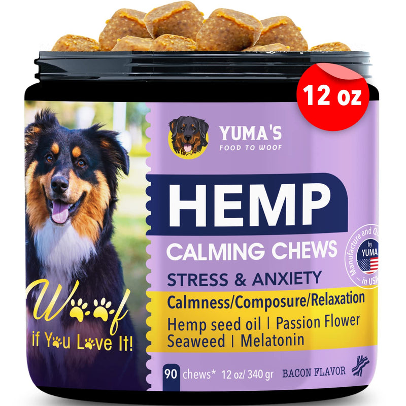 YUMA'S Calming Chews for Dogs, Anxiety Relief and Stress, Separation and Sleep Calming Aid - Hemp Seed, Melatonin, Seaweed, Chamomile, Valerian Root, Passion Flower (Bacon, 90 Count) Bacon - PawsPlanet Australia