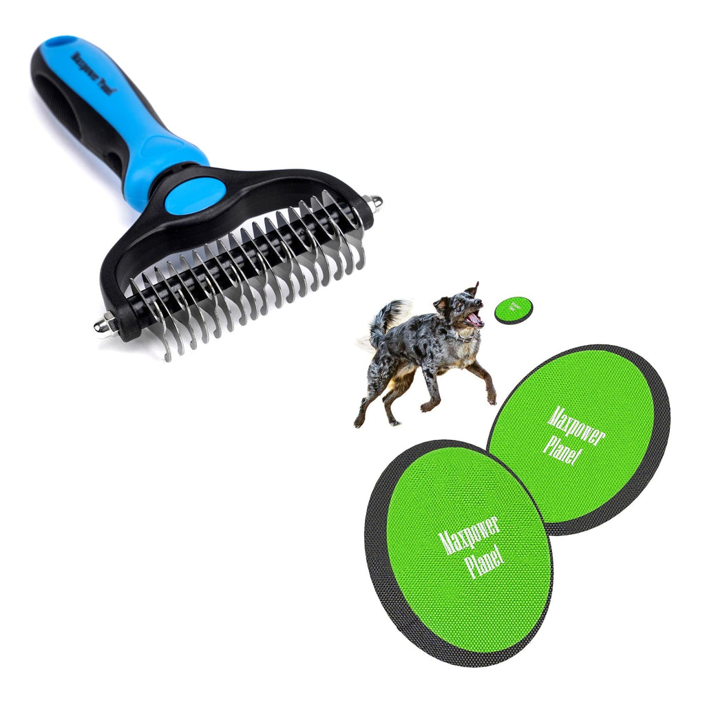 Maxpower Planet Pet Grooming Brush Undercoat Rake Bundle, Dog Frisbee 2 Pack Easy to Spot Disc and Dog Brush for Shedding, Blue - PawsPlanet Australia