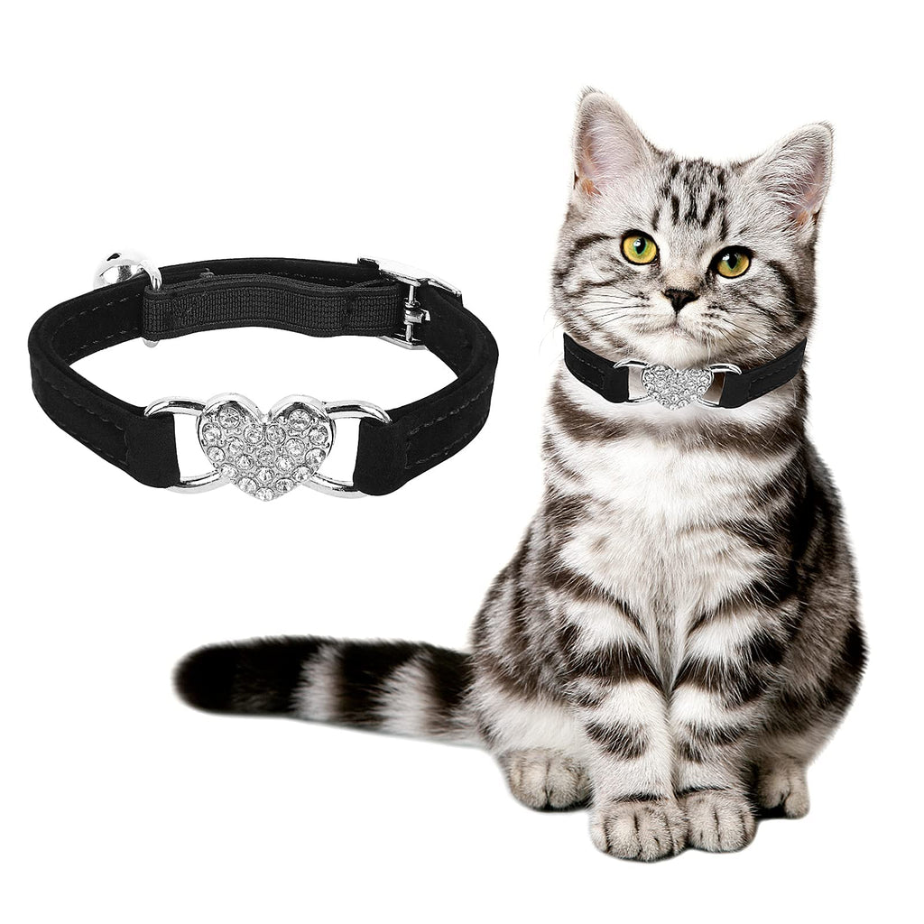 Molain Heart Bling Cat Collar, Adjustable Collar with Safety Belt and Bell Rhinestone Collar for Kitten Small Dog Cat (Black) Black - PawsPlanet Australia