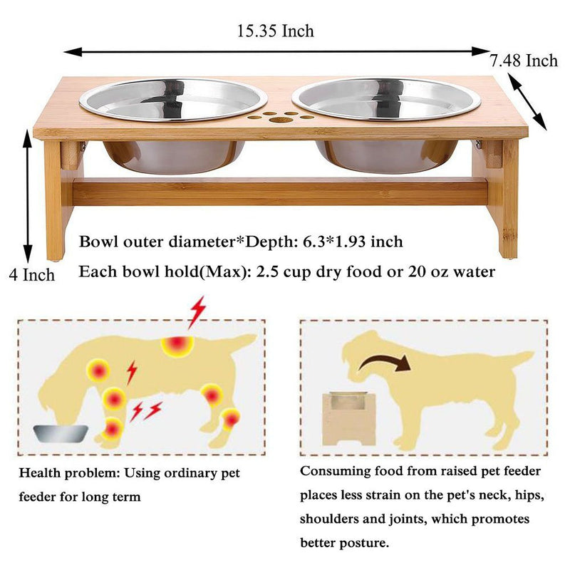 [Australia] - FOREYY Raised Pet Bowls for Cats and Dogs, Bamboo Elevated Dog Cat Food and Water Bowls Stand Feeder with 2 Stainless Steel Bowls and Anti Slip Feet 4'' Tall-20 oz bowl 