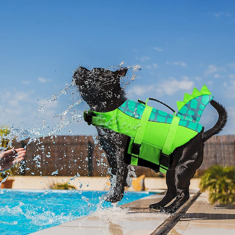 Durable Dog Life Jacket, Adjustable Ripstop Pet Safety Vest, Dog Lifesaver with Rescue Handle for Small Medium or Larger Dog, Eliminate Anxiety/Tension, Enhanced Buoyancy, Swimming, Green Dinosaur S Green Dinosaurs - PawsPlanet Australia