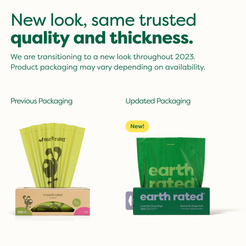 Earth Rated Dog Poop Bags, New Look, Thick Grab & Go Single Roll, Ideal for Collecting in the Garden, Lavender Scent, 300 Bags Lavender - PawsPlanet Australia