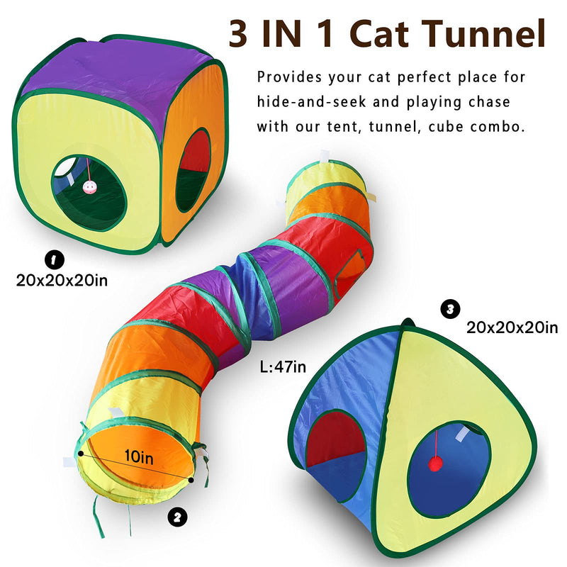 Cat Tunnel Toy and Cubes Combo, Cat Tunnels for Indoor Cats with Play Ball, Interactive Crinkle Collapsible Tent and Cubes, Cat Tube for Puppy Pet Rabbit - All in One Set of 3 (Rainbow) (Rainbow) - PawsPlanet Australia