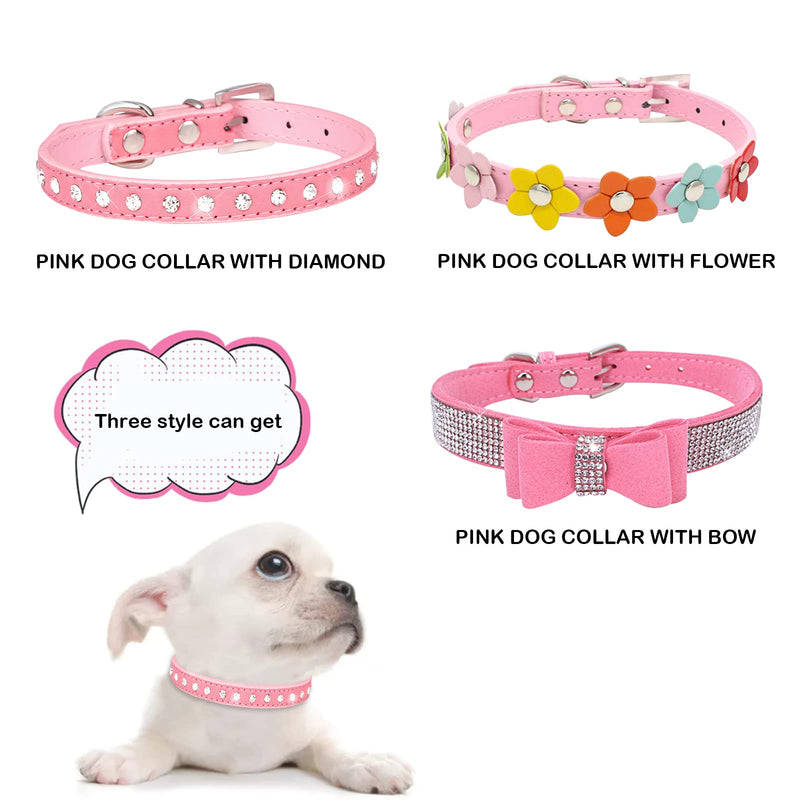 3 PC Girl Dog Collars, Leather Puppy Collar - Pink Female Dog Collars with Bow Floral Diamond - Miniature Chihuahua Collar Yorkie Accessories - Cute Doggie Cat Summer Collar (X-Small, Floral) X-small - PawsPlanet Australia