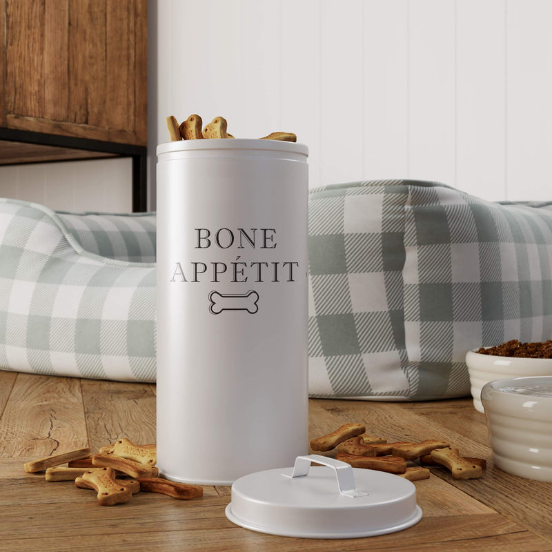 Barnyard Designs Dog and Cat Treat Jar, Large Metal Airtight Tin Canister with Lid, Rustic Farmhouse Pet Food Storage Container Holder for Cookies, Biscuits, and Snacks, White 5.25" x 11.25" - PawsPlanet Australia