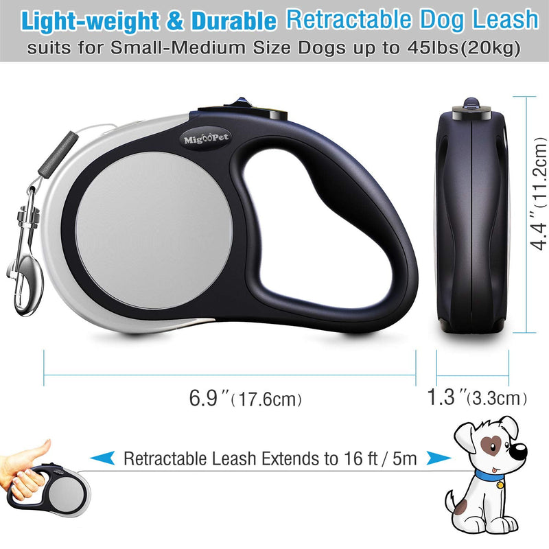 Heavy Duty Retractable Dog Leash-16ft Strong & Durable Walking Leash for S to L Dogs up to 45/115 lbs, Upgraded Lock System, Non Slip Grip, Tangle Free Small/Medium (Pack of 1) Grey - PawsPlanet Australia