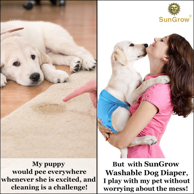 [Australia] - SunGrow Washable Dog Diapers, Fits 9-15 Inches Waist, Blue, Purple and Pink, Reusable, Super-Absorbent Soft Fabric, Elastic Waist, Easy to Use Touch Fastener, Pack of 3 