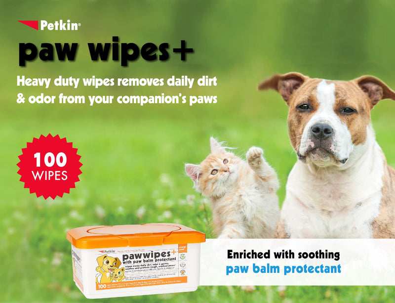 Petkin Paw Wipes Plus, 100 Orange Scented Wipes - Absorbent Pet Paw Wipes Remove Daily Dirt & Odors - Enriched with Paw Balm Protectant - Easy to Use Pet Wipes for Dogs, Cats, Puppies & Kittens - PawsPlanet Australia