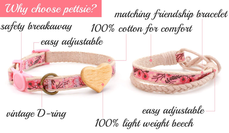 pettsie Cat Collar Breakaway Safety with Heart and Friendship Bracelet for You, Soft 100% Cotton for Extra Comfort, Strong and Durable, Easy Adjustable Size 20.3-28 cm, Pink - PawsPlanet Australia