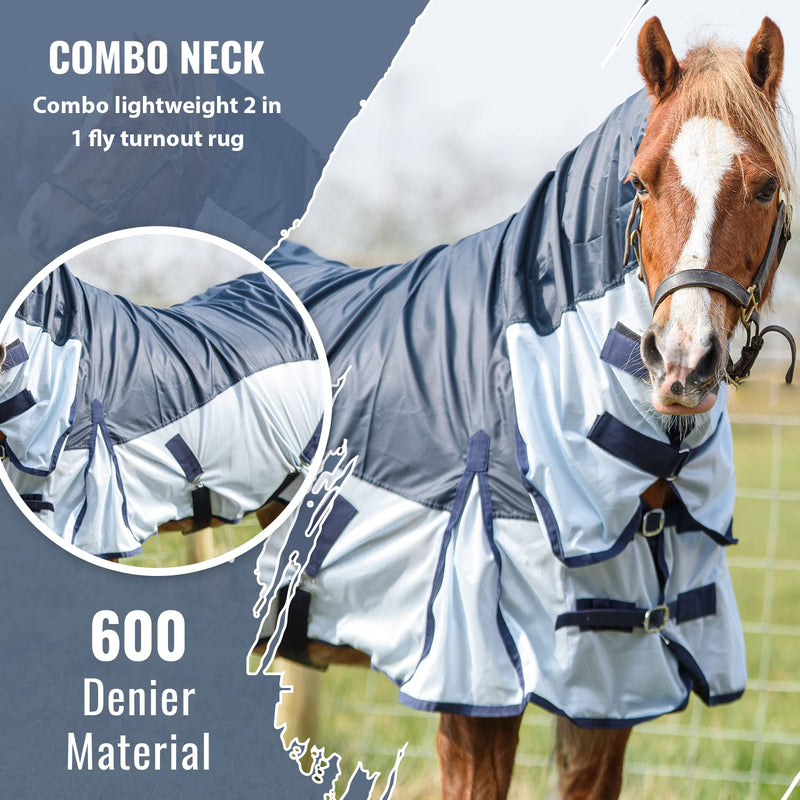 Equitack 420 Denier 2 in 1 Waterproof Fly Lightweight Turnout Mesh Horse Rugs | Fixed Neck | Teflon Coated | Machine Washable | Navy/Blue 5ft 6 5'6'' - PawsPlanet Australia
