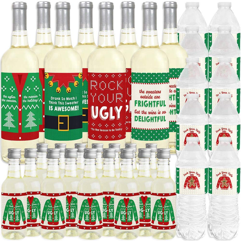 Big Dot of Happiness Ugly Sweater - Mini Wine Bottle Labels, Wine Bottle Labels and Water Bottle Labels - Holiday and Christmas Party Decorations - Beverage Bar Kit - 34 Pieces - PawsPlanet Australia