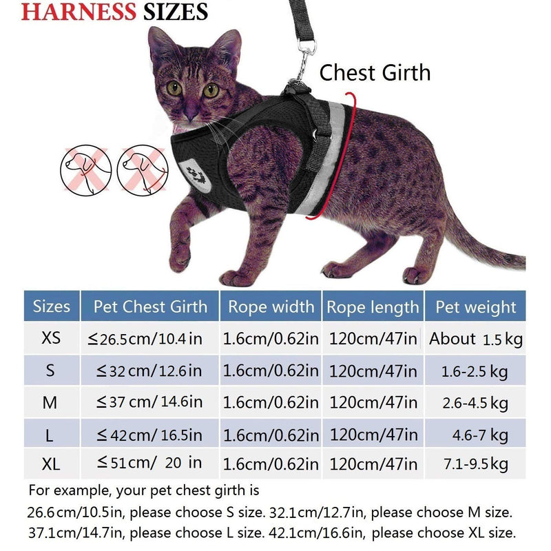 [Australia] - YujueShop Cat Harness and Leash Pet Vest Small Dog Harness Escape Proof Reflective Re-Adjustable Walking Soft Mesh with Pet Leash for Cats Puppies Pets XS 21-26.5cm/8.3-10.4in Black 