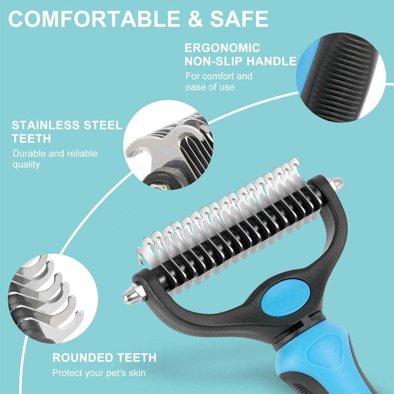 NursCare Pet Grooming Brush, Double Sided Undercoat Rake for Dogs & Cats, Professional Deshedding Brush and Dematting Tool, Safe and Effective Removing Knots, Mats, Tangles,and Flying Hair (Blue) Blue - PawsPlanet Australia