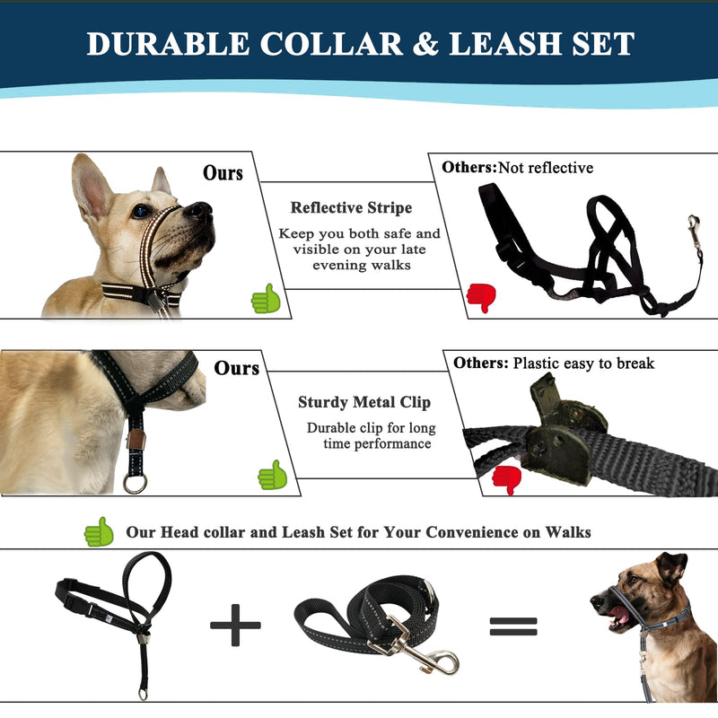 Dog Head Collar, No Pull Head Halter, Soft Headcollar Stops Dogs Pulling on Leash, Durable Dog Training Tool with Leash for Walking Small Medium Large Dogs XS (Snout: 4.7-11.8") Black - PawsPlanet Australia