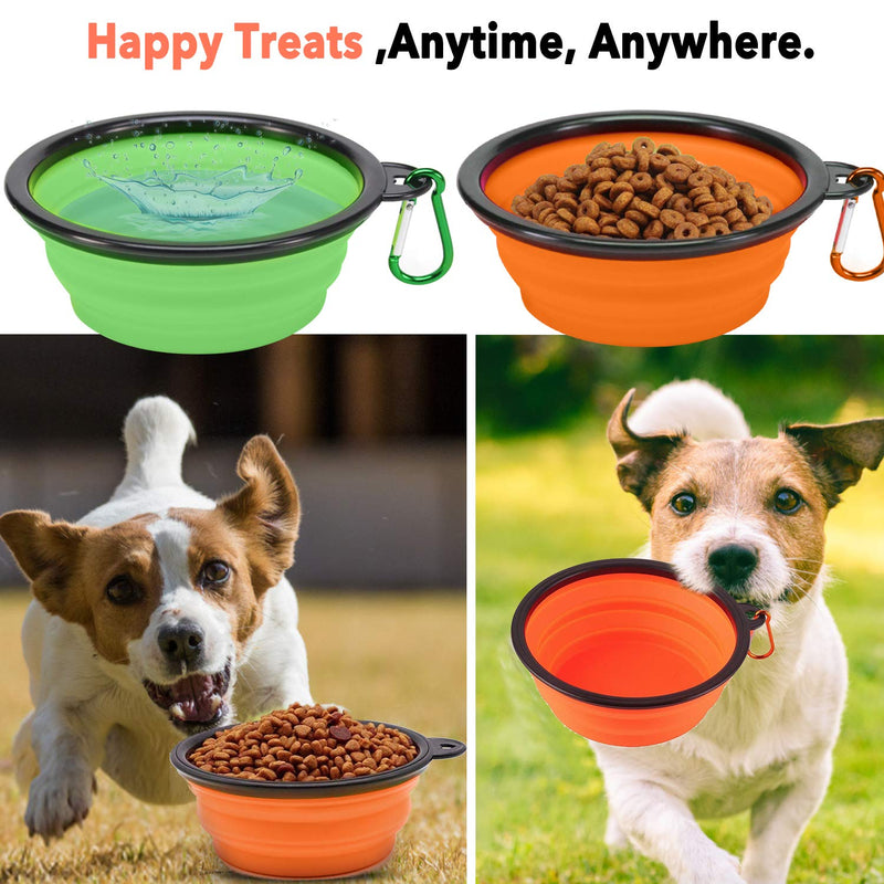 YAMI 2 Pack Collapsible Dog Bowls, Silicone Dog Cat Feeding Water and Food Bowls with Lids & Carabiners for Travel Camping Walking (Green&Orange) - PawsPlanet Australia