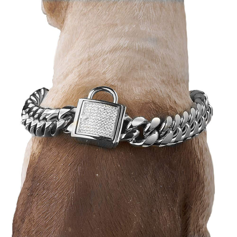 [Australia] - Aiyidi Pet Dog Collar, Top Stainless Steel Dog Chain Training Collar, 14mm Silver Tone Cuban Curb Chain Dog Collar, with White Zirconia Lock Dog Necklace 10-26 Inches Size:12inches(for 9.1''~11'' dog's neck) 