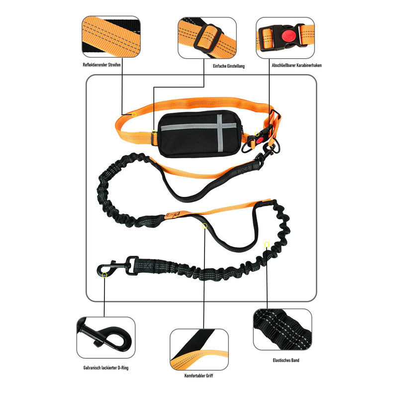 Jogging waist belt dog leash large medium dogs 1.2-1.7 m, indestructible dog leash jogging reflective adjustable, extendable dog leash orange with bag - PawsPlanet Australia