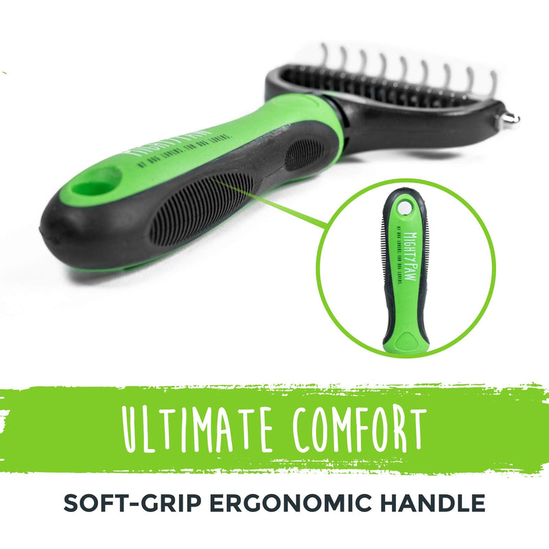 Mighty Paw Dog Grooming Rake | Dematting Pet Comb with Dual-Sided Stainless Steel Rounded Teeth. Safe Tool for Detangling, Thinning, & Deshedding All Hair Types. Ergonomic Handle for Comfort Green - PawsPlanet Australia