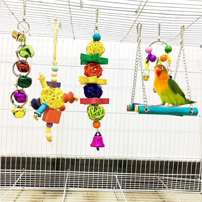 ESRISE Bird Parrot Toys, Hanging Bell Pet Bird Cage Hammock Swing Toy Wooden Perch Mirror Chewing Toy for Small Parrots, Conures, Love Birds, Small Parakeets Cockatiels Multi-coloured-A - PawsPlanet Australia