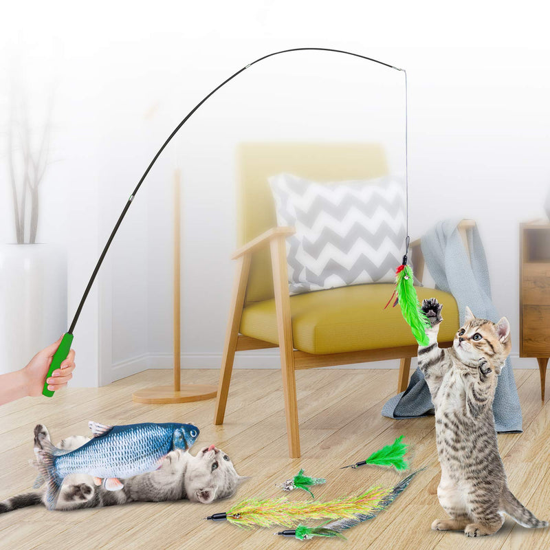 7pcs Cat Fishing Pole Feather Toy Set - Retractable Cat Teaser Wand with 5 Cat Feather Toys for Indoor Cats, Electric Flopping Fish Cat Toy with Catnip Funny Interactive Cat Toys, Gift for Pets Green - PawsPlanet Australia