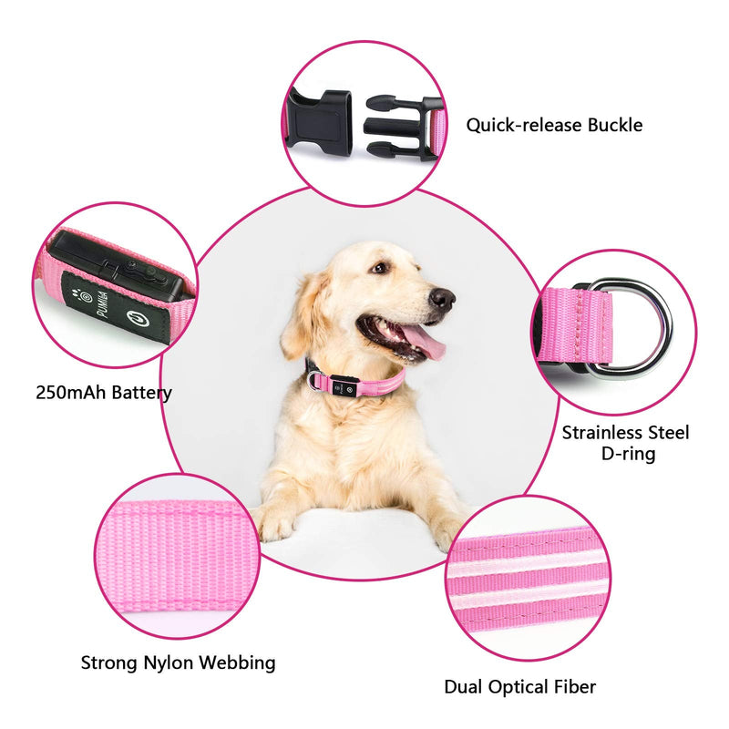 PcEoTllar Dog Collar Luminous Rechargeable, Luminous Collar Dog Waterproof Adjustable Flashing Light LED Collar Dog for Small Medium Large Dogs, Visibility in the Dark, Pink-L L(48-60cm/19-23.6inch) - PawsPlanet Australia