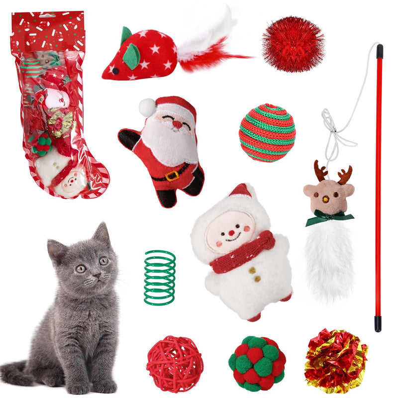 Pawaboo Christmas cat toy, 10 pieces Christmas cat toy set with various toys, interactive toy, cat ball toy, cat gift box, Christmas toy for cat, red C set - PawsPlanet Australia