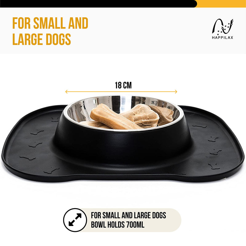 Happilax Dog Bowl with No Spill Non-Skid Silicone Mat, Stainless Steel Food Bowl 700 ML Black - PawsPlanet Australia