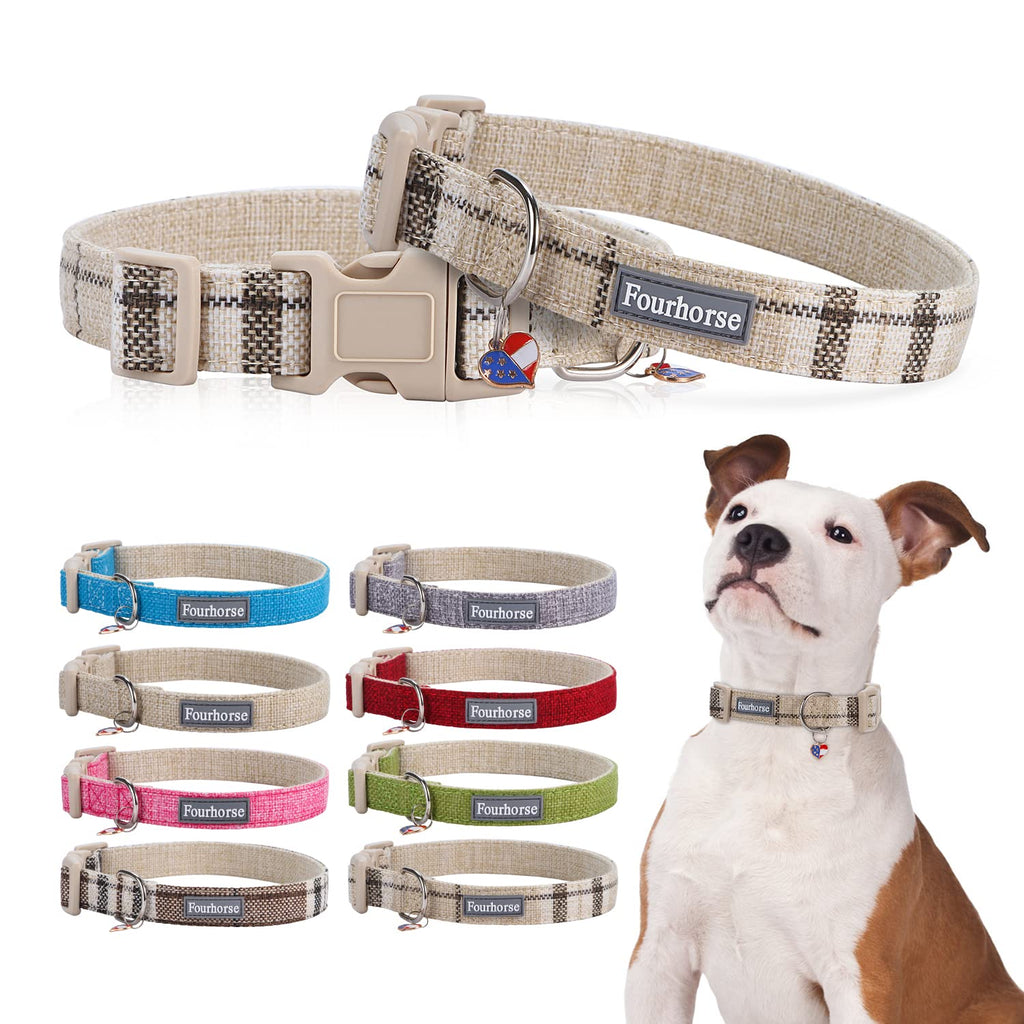 Fourhorse Cotton Dog Collar for Small Medium Large Dogs，Adjustable Soft with Quick Release Buckle,Boy Girl Pet Collars for All Breeds (Small, Beige Plaid) - PawsPlanet Australia