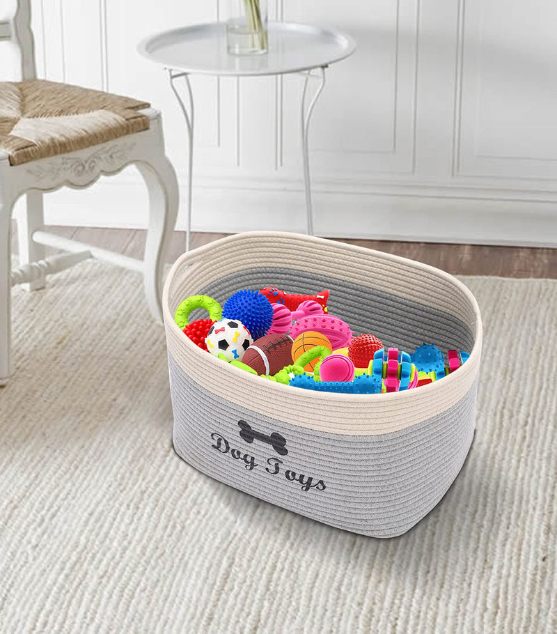 Morezi soft rope dog toy basket with handle, large dog bin, pet bed, pet toy box- Perfect for organizing pet toys, blankets, leashes - GreyWhite Dog Grey White - PawsPlanet Australia