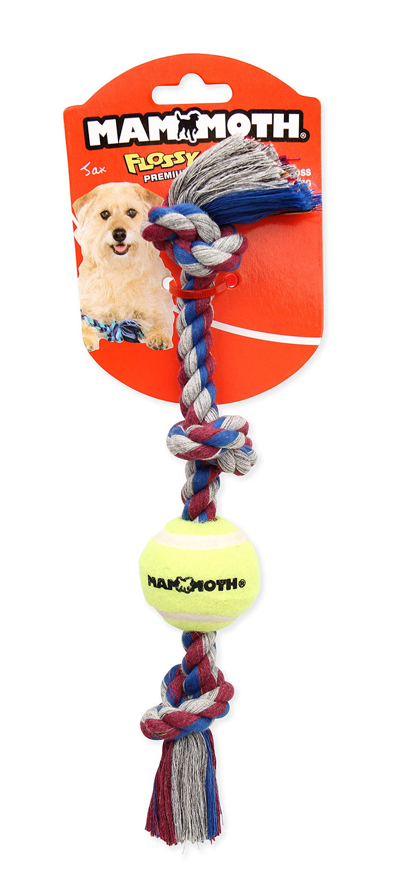 Mammoth Flossy Chews Color 3 Knot Tug w/Tennis Ball – Premium Cotton-Poly Tug Toy for Dogs – Interactive Dog Tug Toy – Rope Dog Toy with Tennis Ball Small Dogs - Mini 11” - PawsPlanet Australia