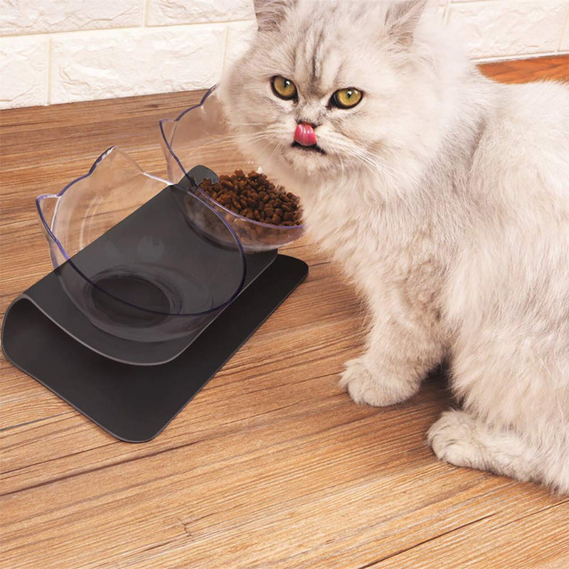 [Australia] - Aqueous Cat Elevated Double Transparent Plastic Bowl,Pet Feeding Bowl | Raised The Bottom for Cats and Small Dogs ，Cute Cat Face Double Bowl black 