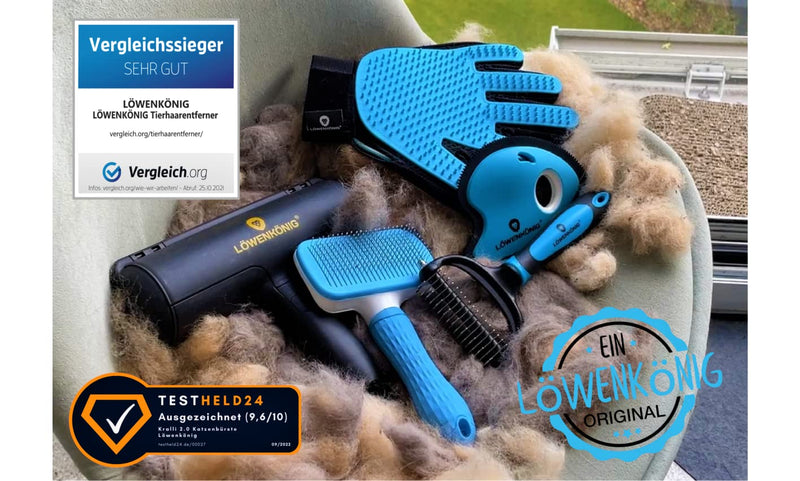 LÖWENKÖNIG® BÜRSTINATOR 2.0 Premium cat brush & dog brush Self-cleaning for short-haired & long-haired animals I Pet brush large, fur brush removes loose undercoat & matted dog & cat hair Bestseller: Bürstinator 2.0 in blue - PawsPlanet Australia