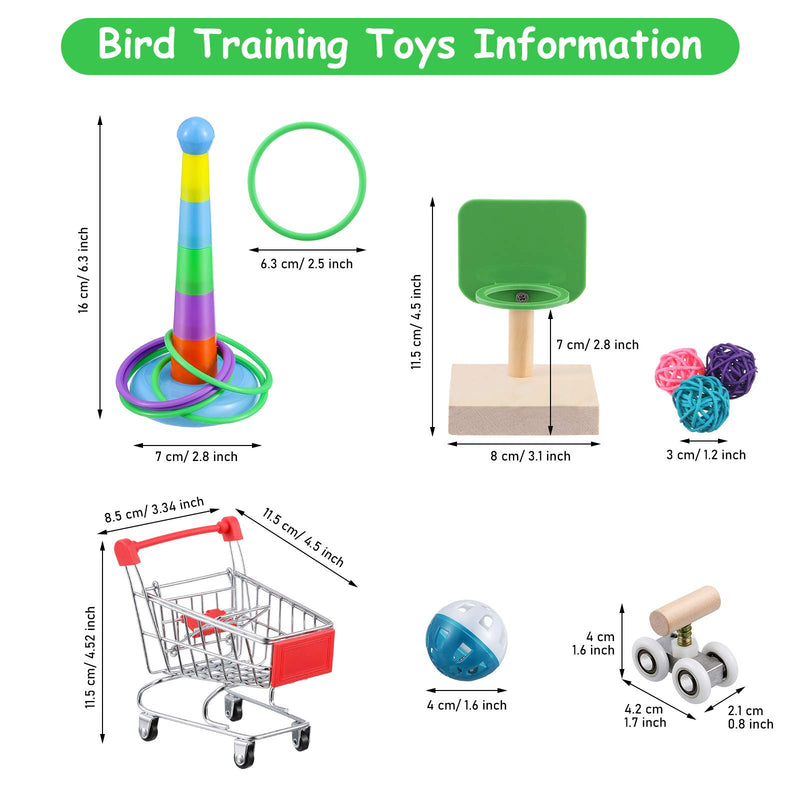 [Australia] - 6 Pieces Bird Training Toys Parrot Intelligence Toy Mini Shopping Cart Mini Roller Skate Toy Basketball Stacking Rings Bird Toy Bell Balls for Parrots and Birds Trick Tabletop Toys 