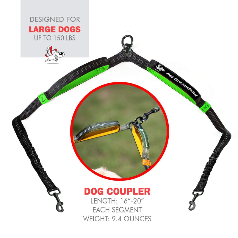 Double Dog Leash Hands-Free | Waist Dual Dog Leash for Tandem Walking & Training | 360°Swivel 2 Dog Coupler | Comfortable Shock Absorbing Reflective Bungee | No Pull Two Dog Leash Black & Green Coupler Only (Large Dogs) - PawsPlanet Australia