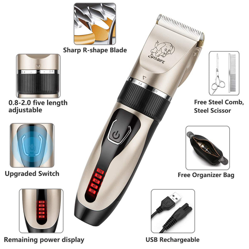 [Australia] - Yabife Dog Clippers, USB Rechargeable Cordless Dog Grooming Kit, Electric Pets Hair Trimmers Shaver Shears for Dogs and Cats, Quiet, Washable, with LED Display 